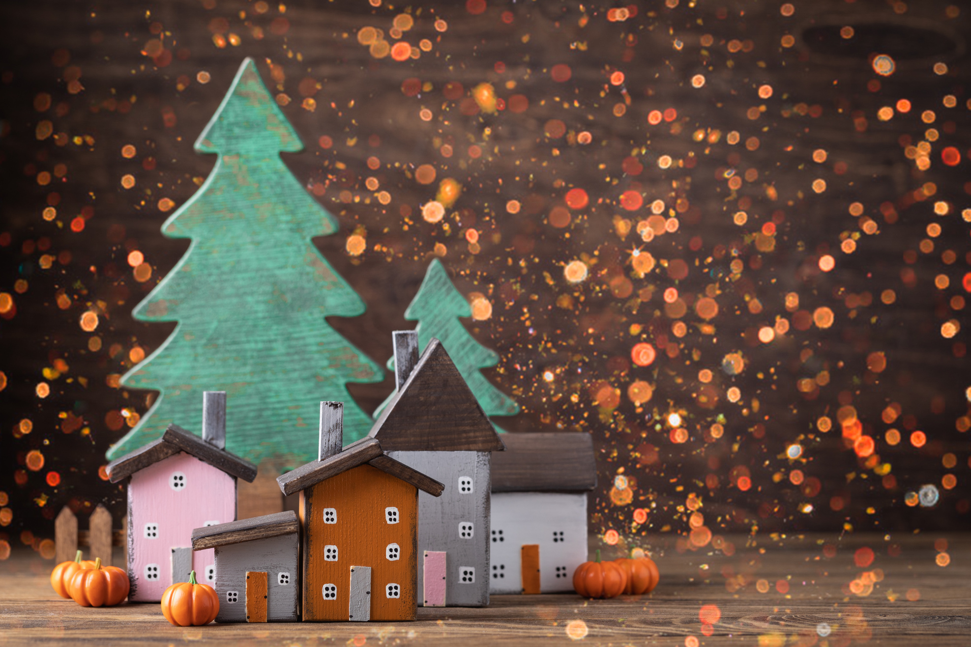 Miniature Thanksgiving little autumn cottages village in the forest